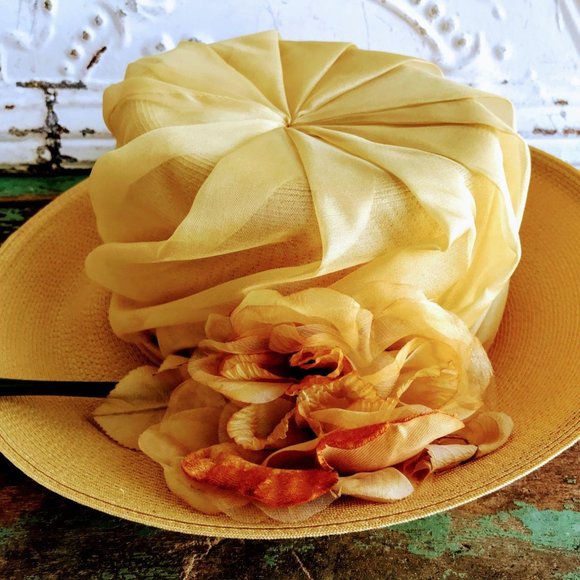 Vintage Mustard Big Flower Wide Brim Straw Hat main image 9